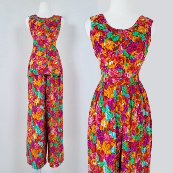 90s Floral 2 Piece Set culottes wide leg pants button down blouse top long - Picture 1 of 14
